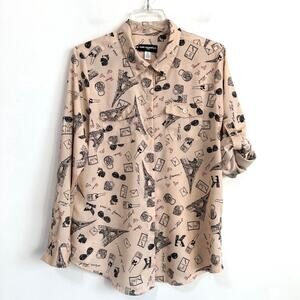 Karl Lagerfeld Paris Peach Eiffel Tower Button Up Blouse M Roll Sleeve Bling EUC